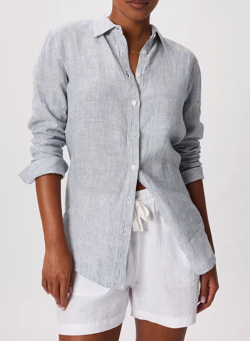 Quince 100% European Linen Shirt in Blue Pinstripe