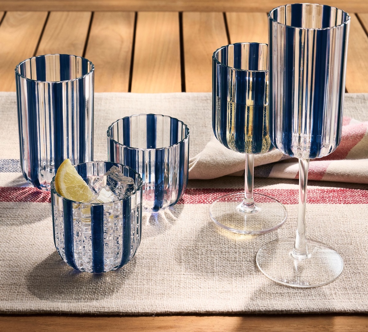 Pottery Barn Montauk Stripe outdoor drinkware in navy stripe